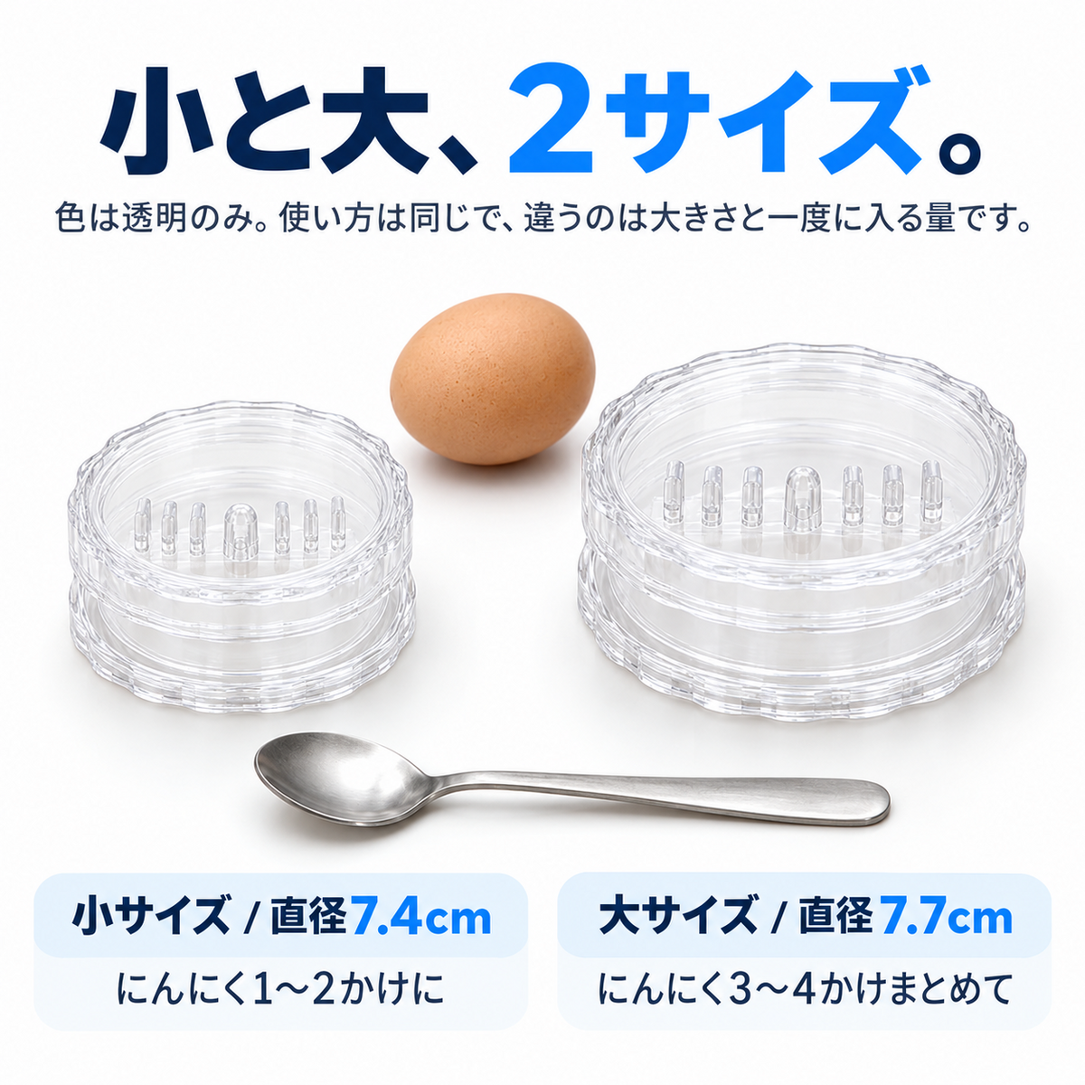 小サイズ(直径7.4cm)と大サイズ(直径7.7cm)を卵とスプーンと並べて比較した画像。