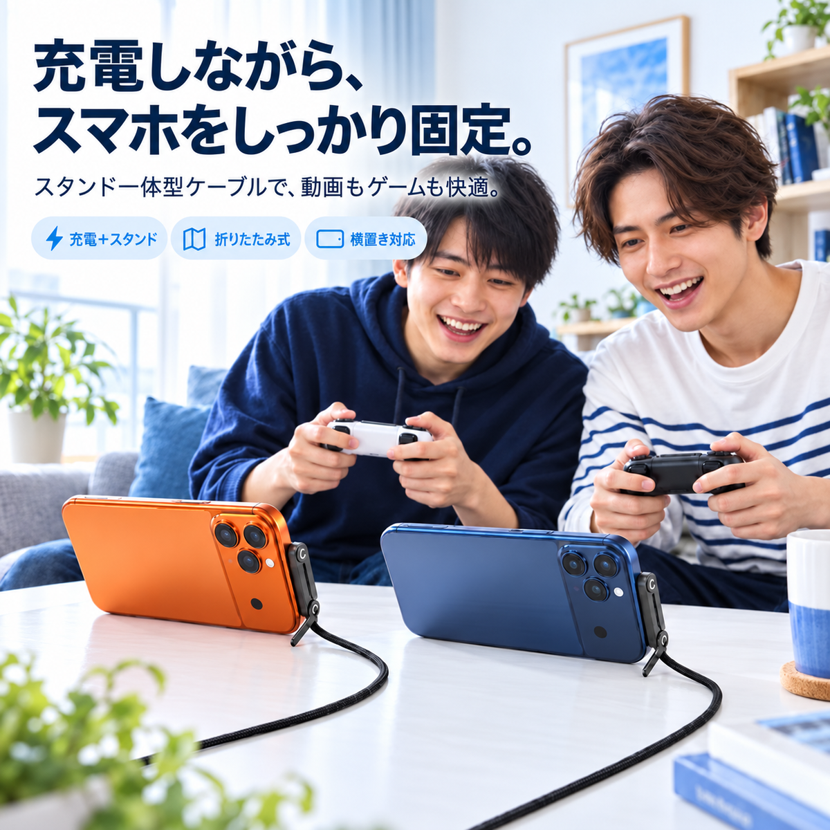 スマートフォンをスタンドで固定し、2人の男性がゲームをしながら充電している様子。