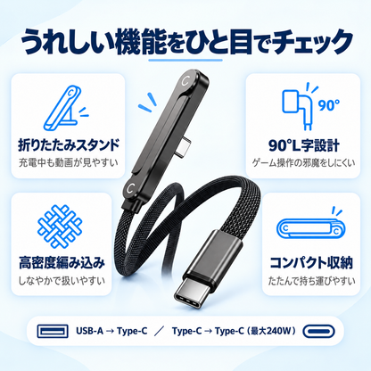折りたたみスタンド・90度L字設計・高密度編み込み・コンパクト収納など、製品の特徴をアイコンで紹介。
