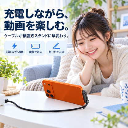 スマートフォンをスタンドで横向きに立て、女性が充電しながら動画を楽しんでいる様子。