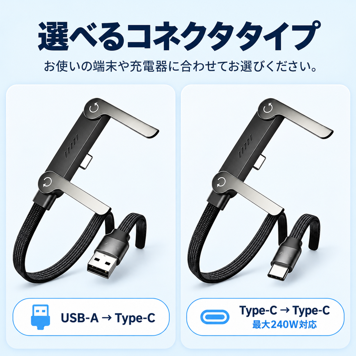 USB-A→Type-CとType-C→Type-Cの2つのコネクタタイプを並べて紹介した画像。