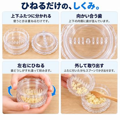 上下に分かれる構造、向かい合う歯、ひねる動作、取り出す様子を4コマで紹介した画像。