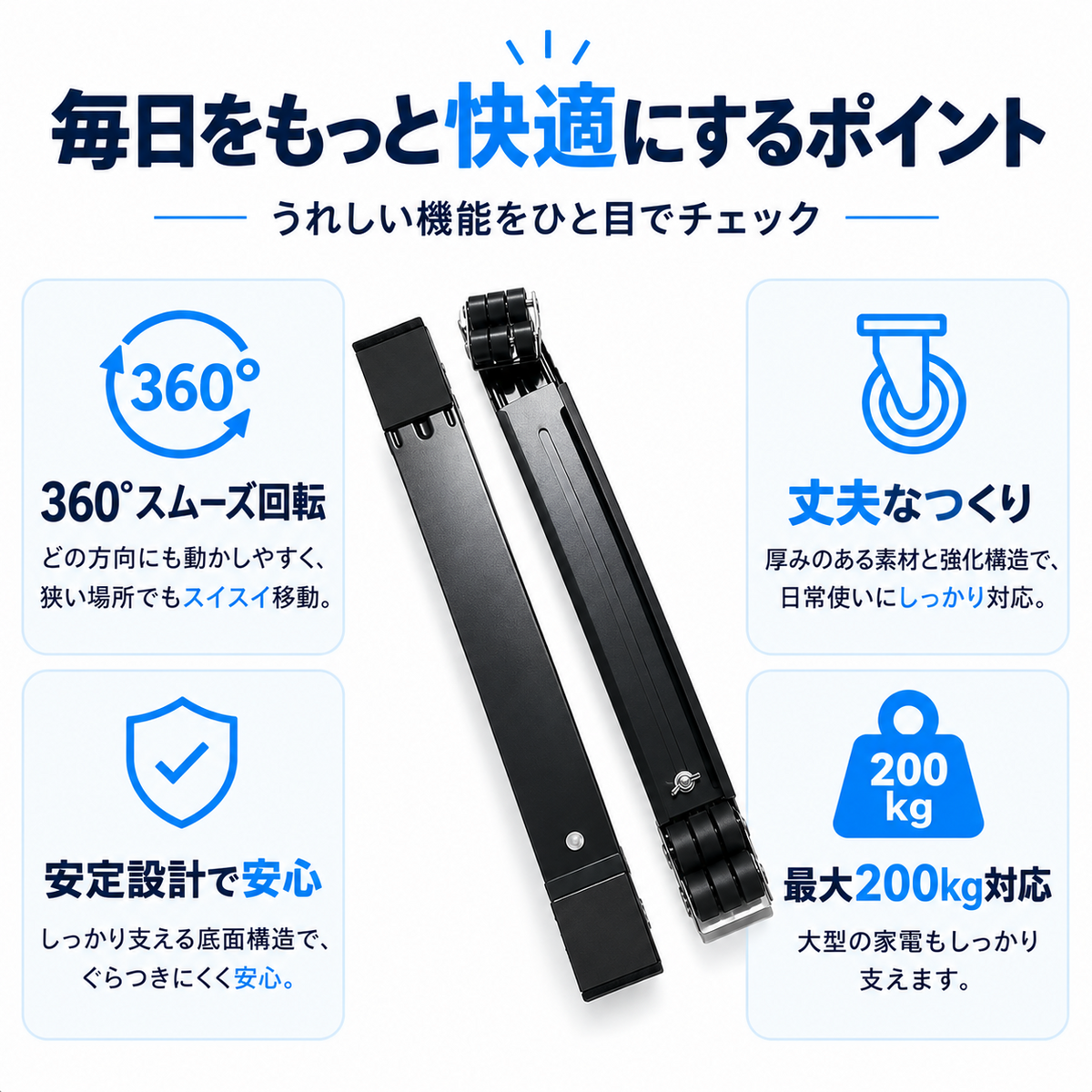 ブラック色のキャスター台で、360度回転、丈夫なつくり、安定設計、最大200kg対応を紹介した画像。