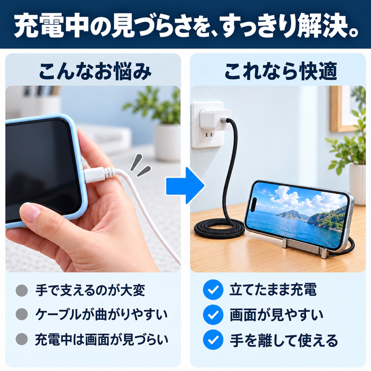 充電中の不便さ（手で支える・ケーブルが曲がる・画面が見づらい）と、本製品を使った快適な状態（立てたまま充電・画面が見やすい・手を離せる）を比較した図。